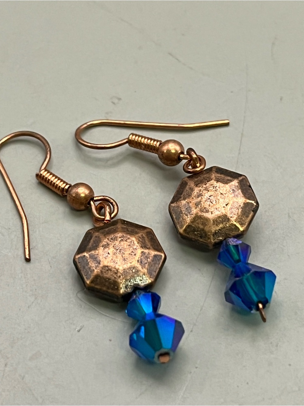 Handmade Copper Octagon Blue Crystal Dangle Earrings Artisan Bohemian Drop